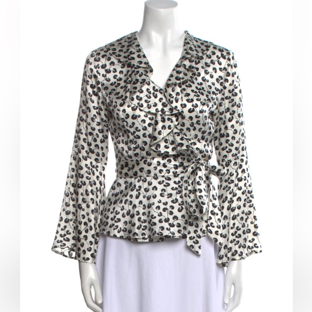 Ganni Black and White Floral Print Silk Blouse